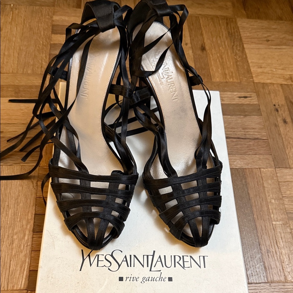 Yves Saint Laurent Black Satin Lace-Up Cage Heels